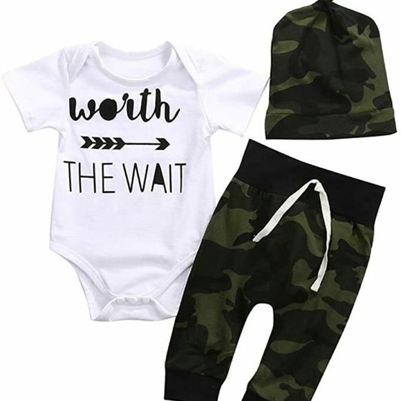 3pcs Baby Boys Letter Print Romper Camouflage Pants Hat Outfits Set 6-9month - Picture 1 of 1
